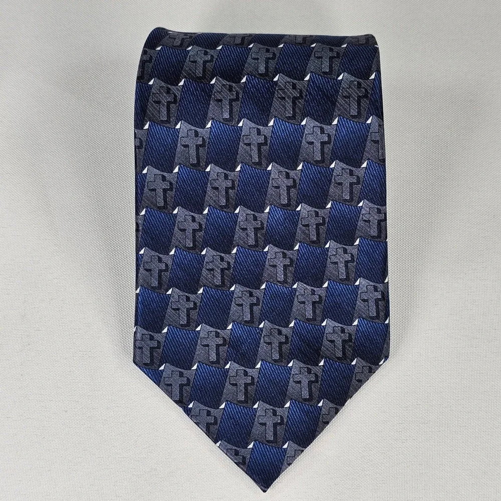 Eagles Wings Mens Silk Tie Navy‎ Blue Grey Christian Cross Religious Geometric